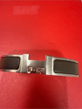 Hermes La Maison Stainless Steel H Cuff with Dark Brown Enamel